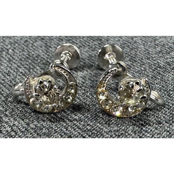 Vintage Crescent Moon and Star Rhinestone Screwback Earrings - Picture 5 of 6